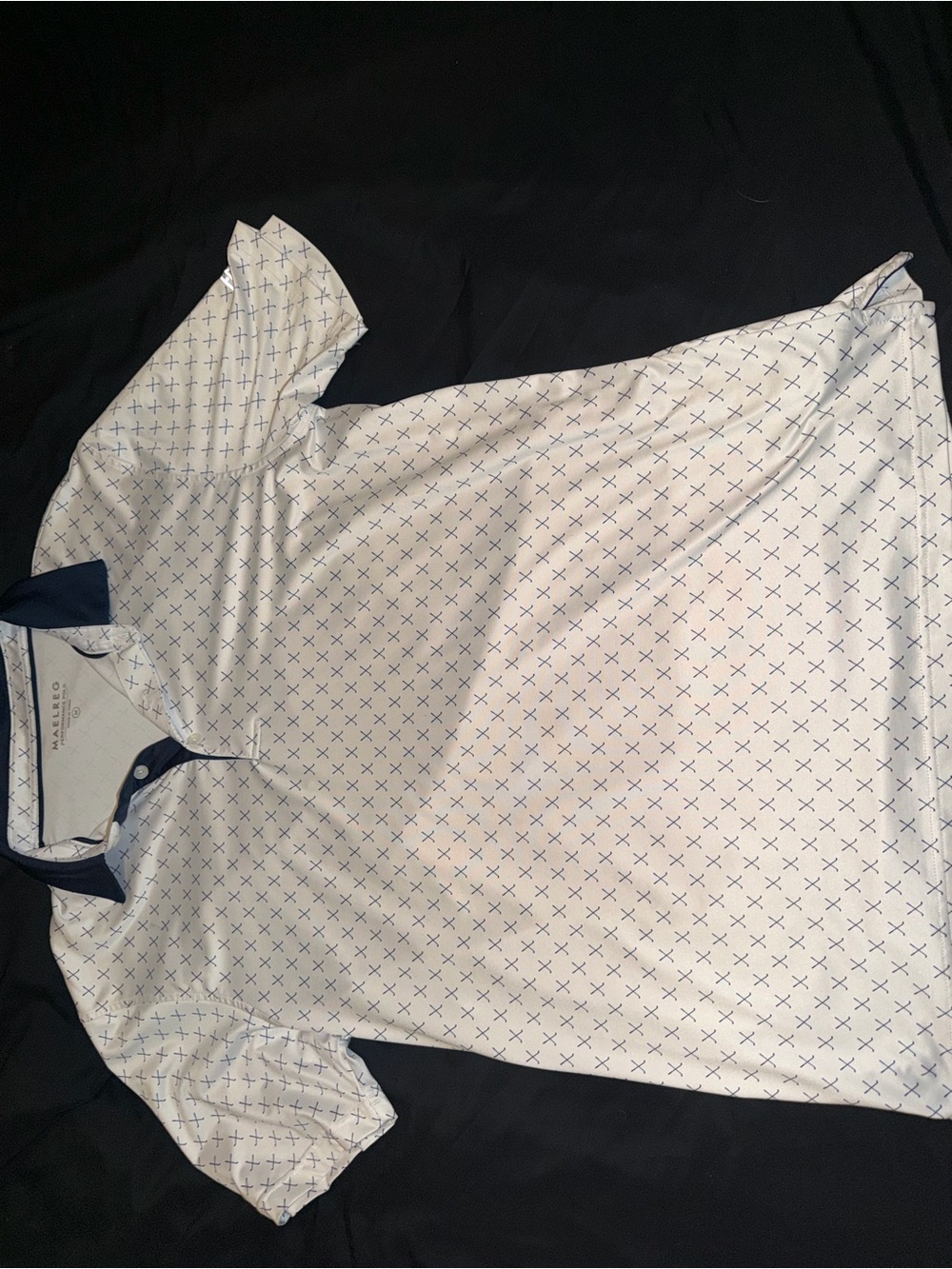 Men's White Polo Shirt with Navy Cross Pattern and Navy Collar